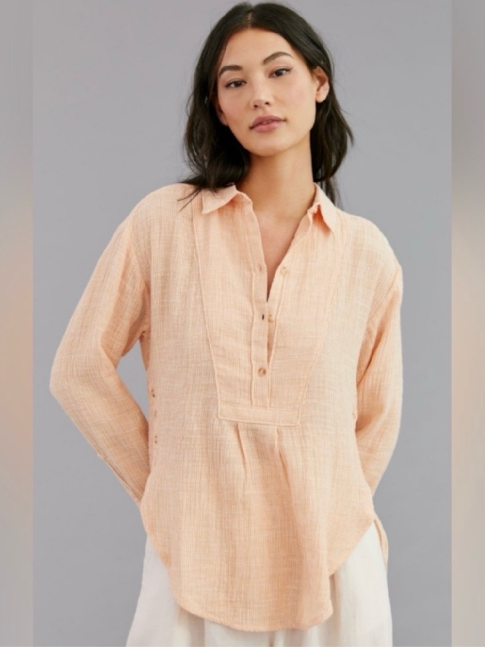 by Anthropologie Lightweight Peach Stripe Gauze Cotton Tunic Popover Blouse